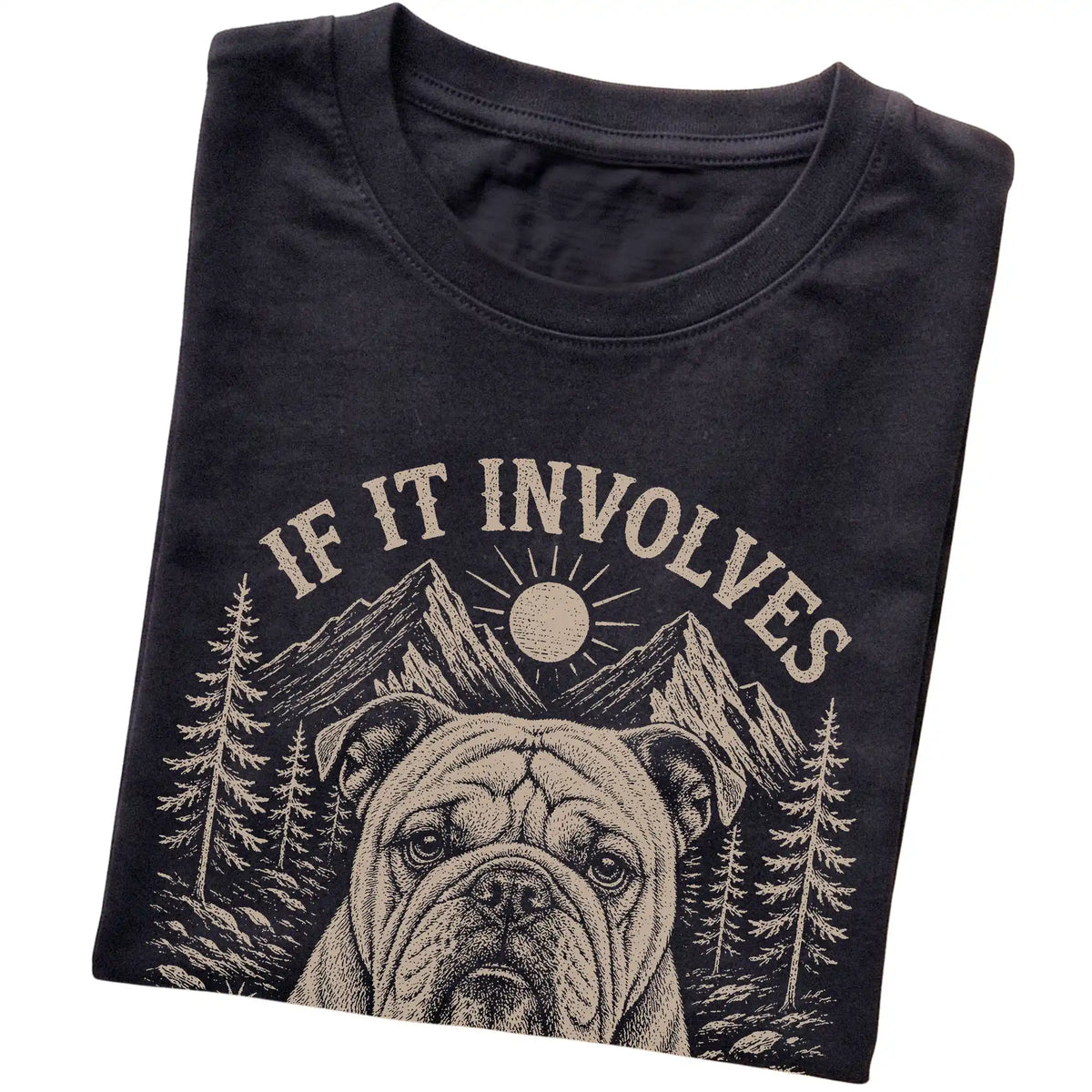 Black Hiking and Bulldogs T-shirt folded to show the printed design