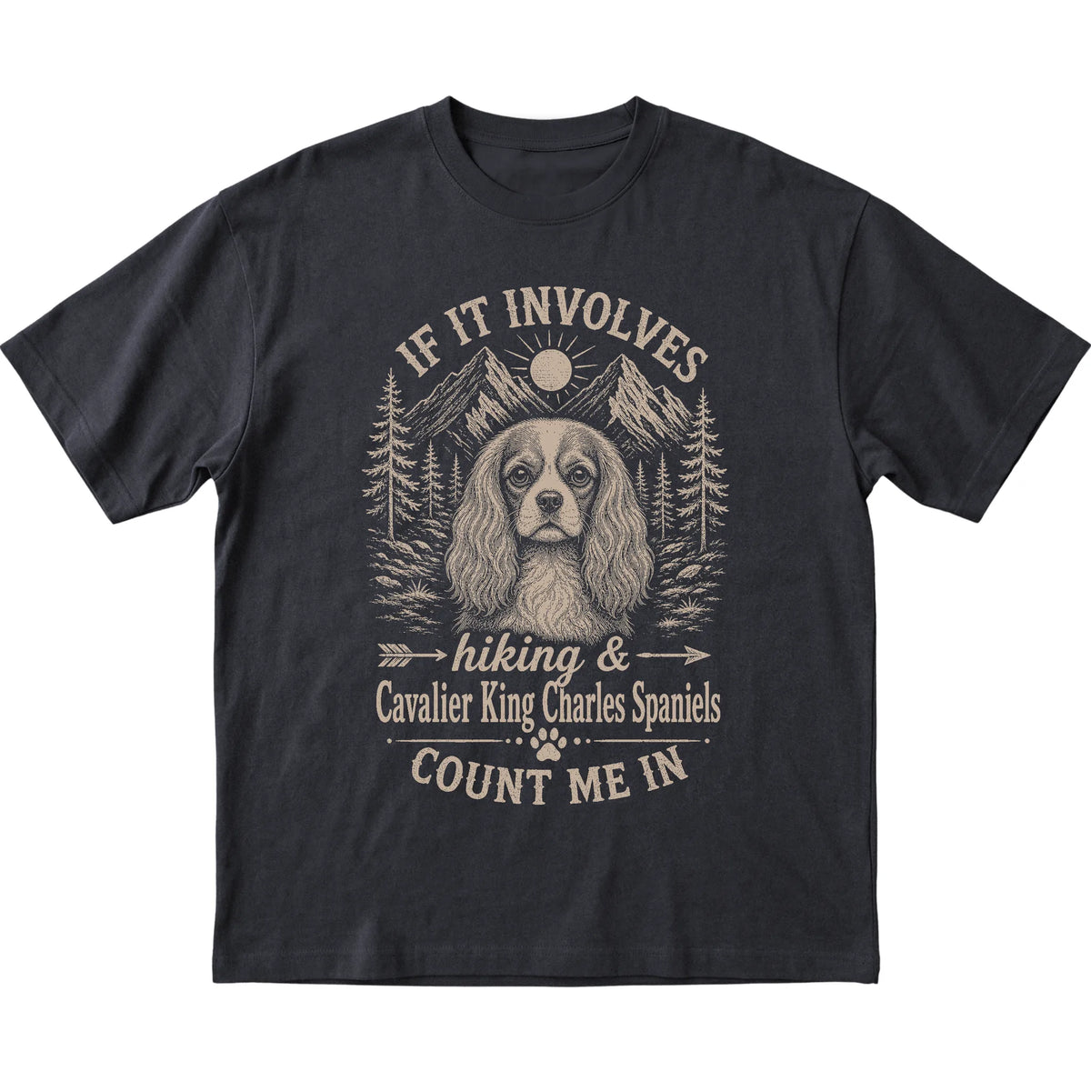 Black Hiking and Cavalier King Charles Spaniels T-shirt laid flat