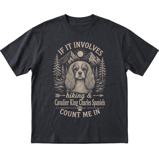 Black Hiking and Cavalier King Charles Spaniels T-shirt laid flat