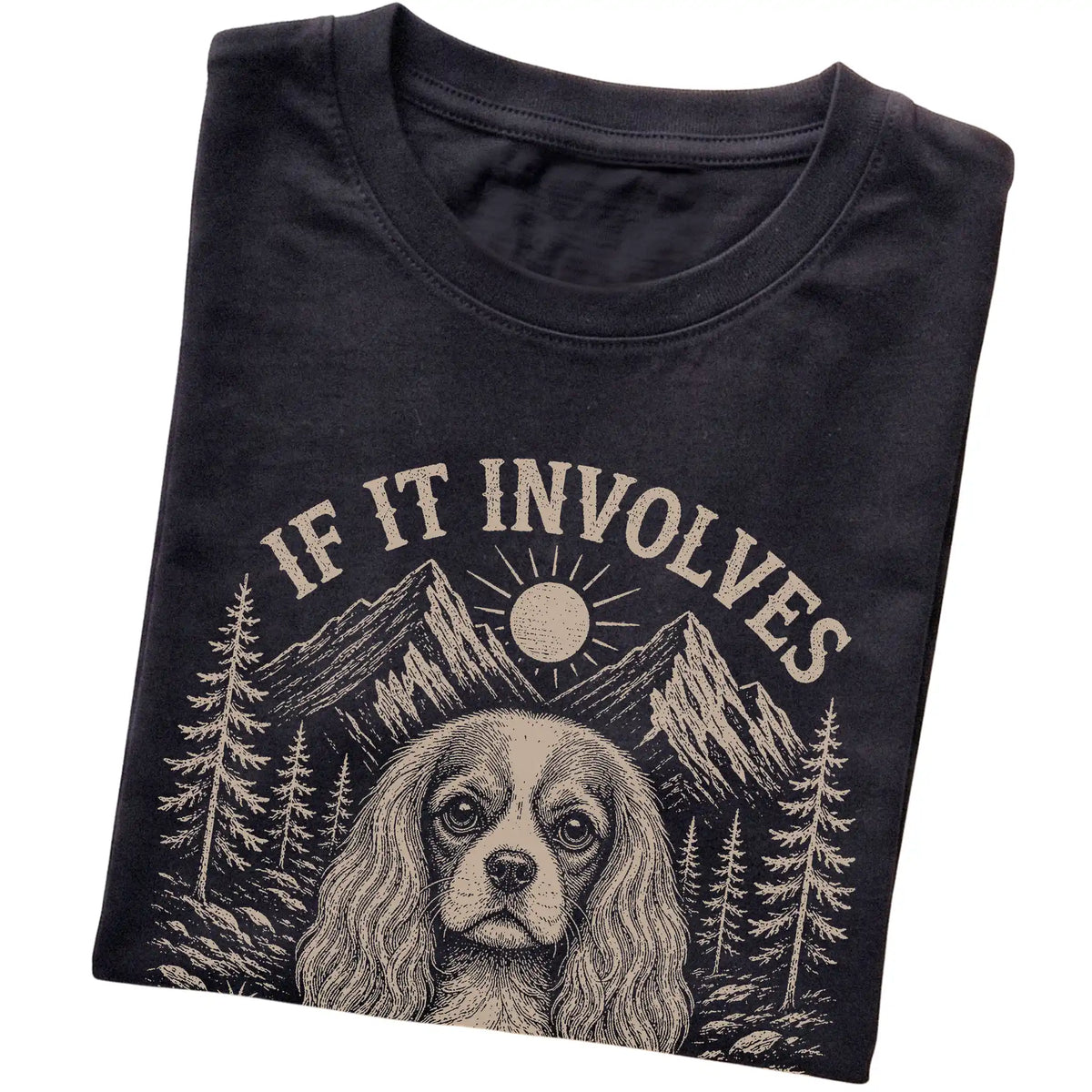 Black Hiking and Cavalier King Charles Spaniels T-shirt folded to show the printed design