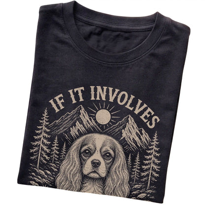Black Hiking and Cavalier King Charles Spaniels T-shirt folded to show the printed design