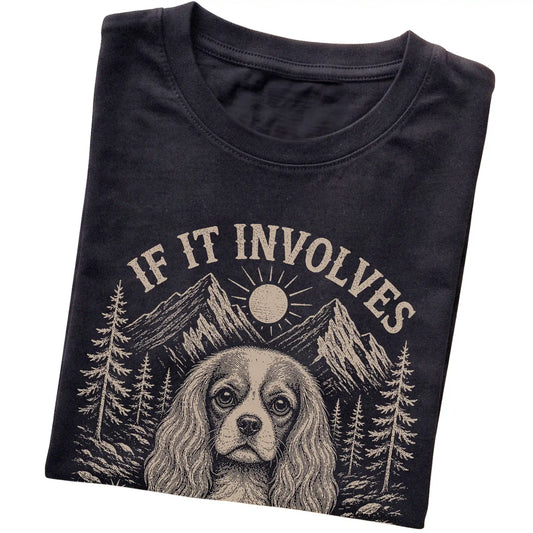 Black Hiking and Cavalier King Charles Spaniels T-shirt folded to show the printed design