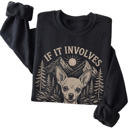 Black Hiking and Chihuahuas sweatshirt folded to show the printed design