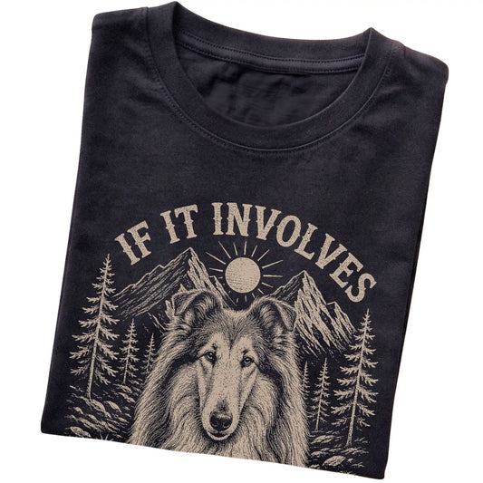 Black Hiking and Collies T-shirt folded to show the printed design