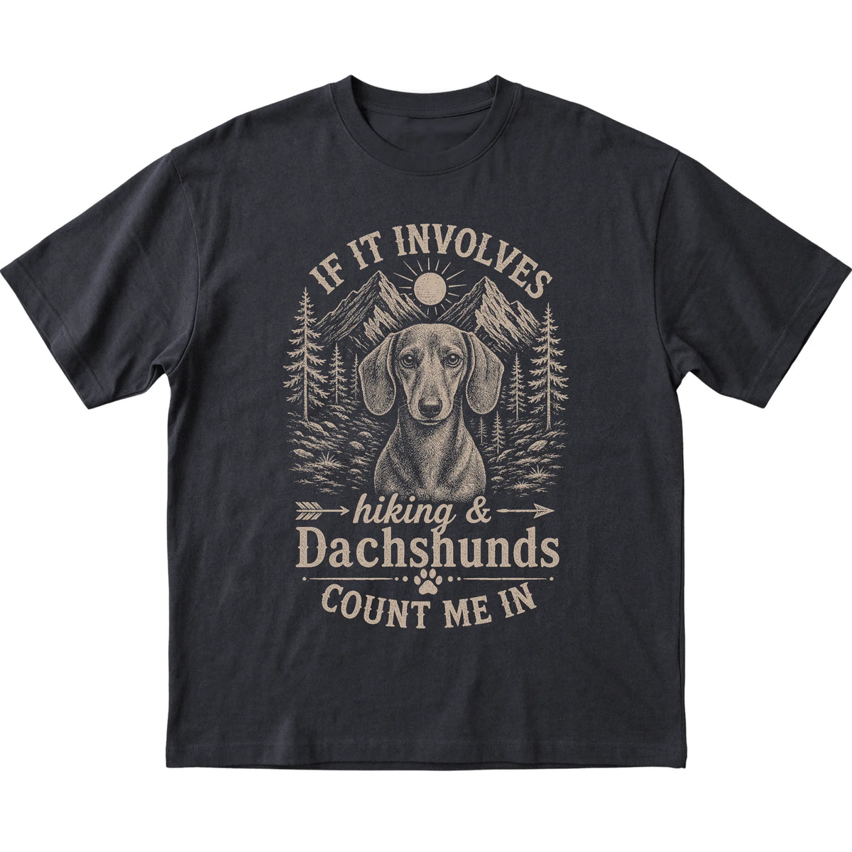 Black Hiking and Dachshunds T-shirt laid flat