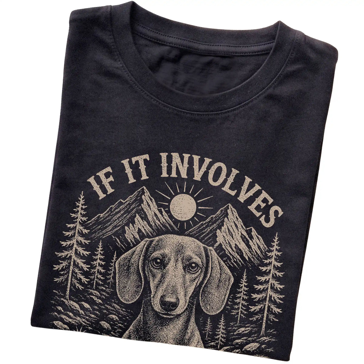 Black Hiking and Dachshunds T-shirt folded to show the printed design