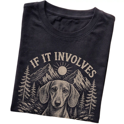 Black Hiking and Dachshunds T-shirt folded to show the printed design