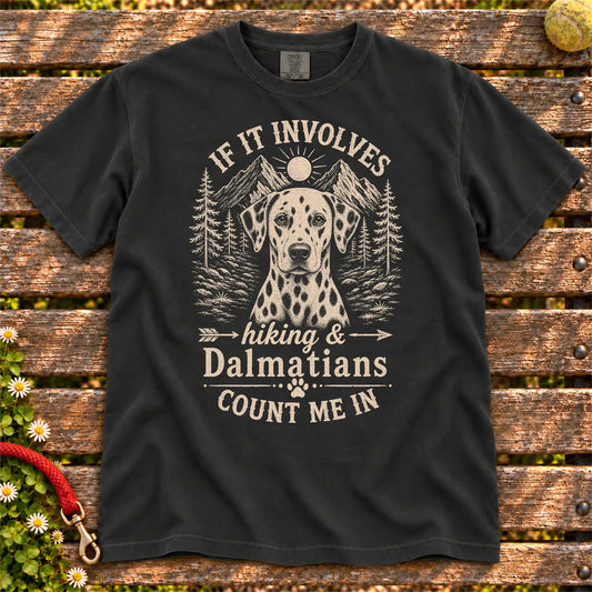 Hiking and Dalmatians design on a Black Comfort Colors T-shirt, shown flat