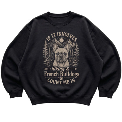 Black Hiking and French Bulldogs sweatshirt laid flat