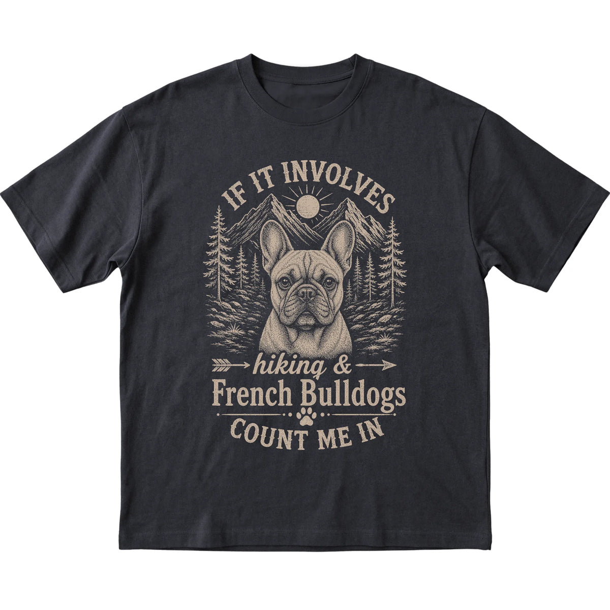 Black Hiking and French Bulldogs T-shirt laid flat
