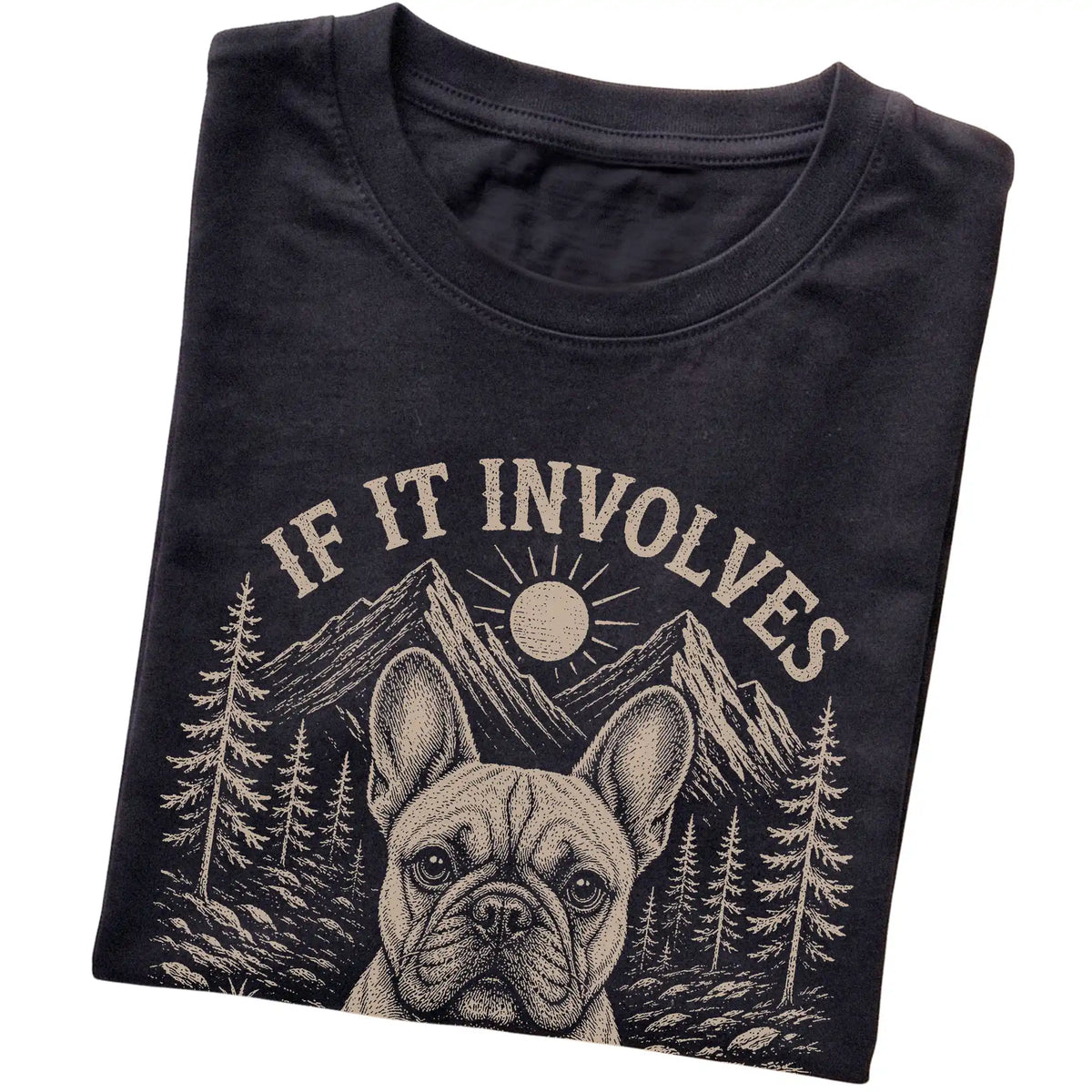 Black Hiking and French Bulldogs T-shirt folded to show the printed design