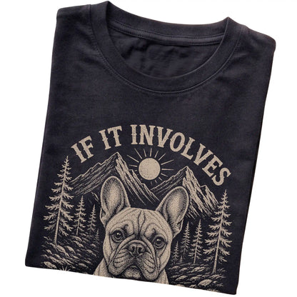 Black Hiking and French Bulldogs T-shirt folded to show the printed design