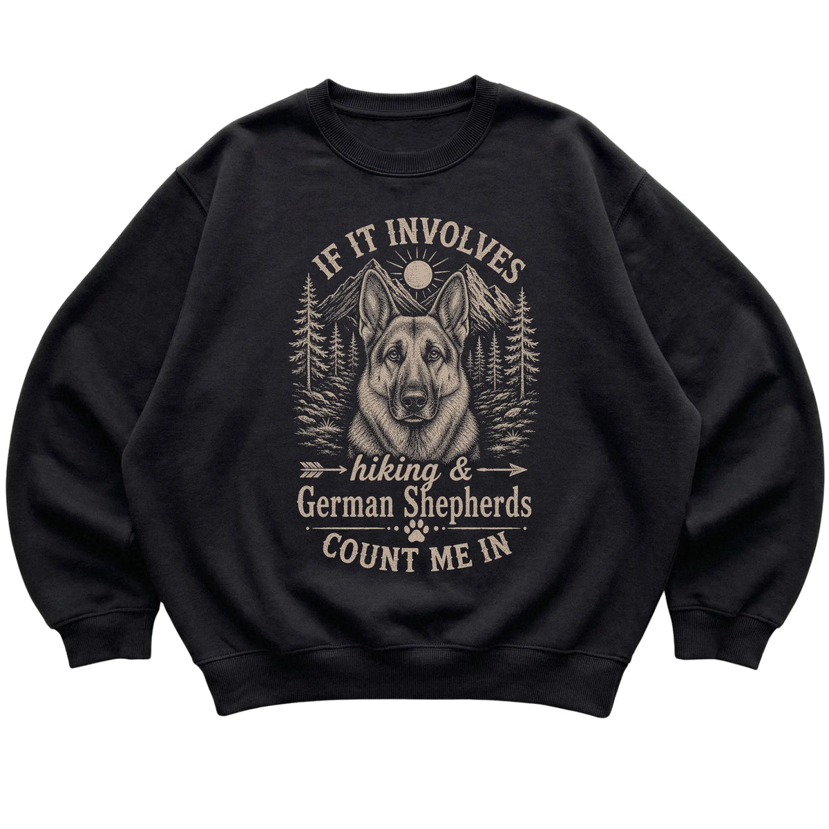 Black Hiking and German Shepherds sweatshirt laid flat