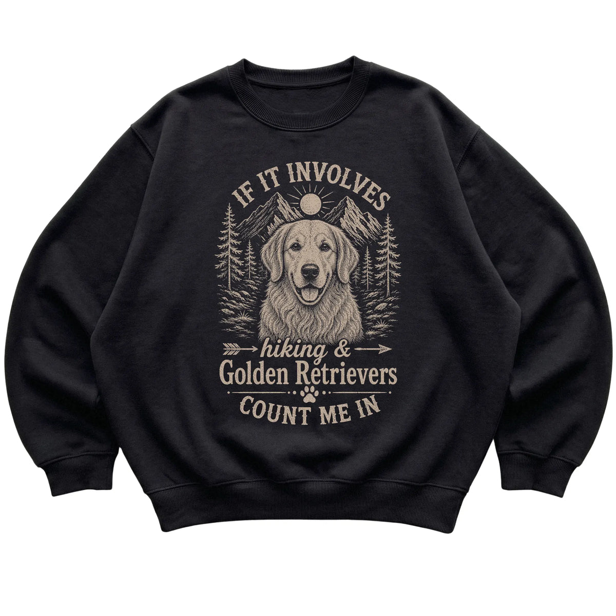 Black Hiking and Golden Retrievers sweatshirt laid flat