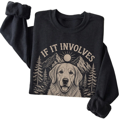 Black Hiking and Golden Retrievers sweatshirt folded to show the printed design