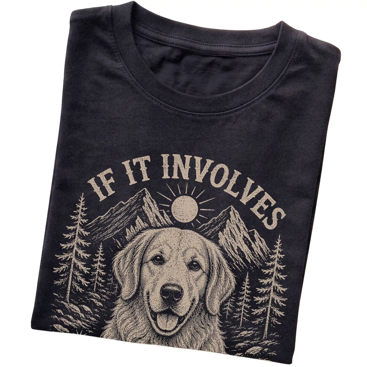 Black Hiking and Golden Retrievers T-shirt folded to show the printed design