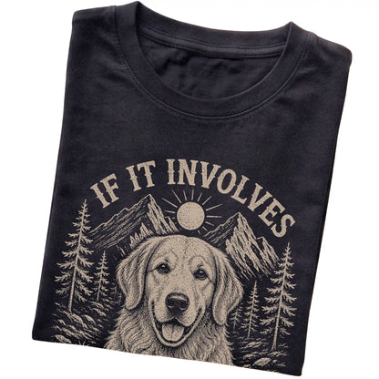 Black Hiking and Golden Retrievers T-shirt folded to show the printed design