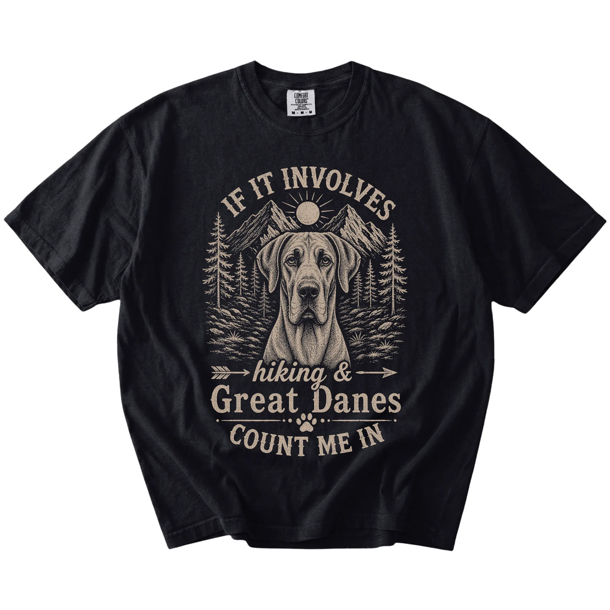 Great Dane hiking design with mountain scenery on a Black Comfort Colors® T-shirt