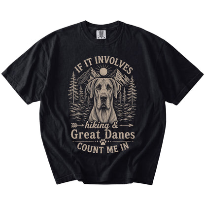 Great Dane hiking design with mountain scenery on a Black Comfort Colors® T-shirt