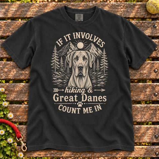 Hiking and Great Danes design on a Black Comfort Colors T-shirt, shown flat