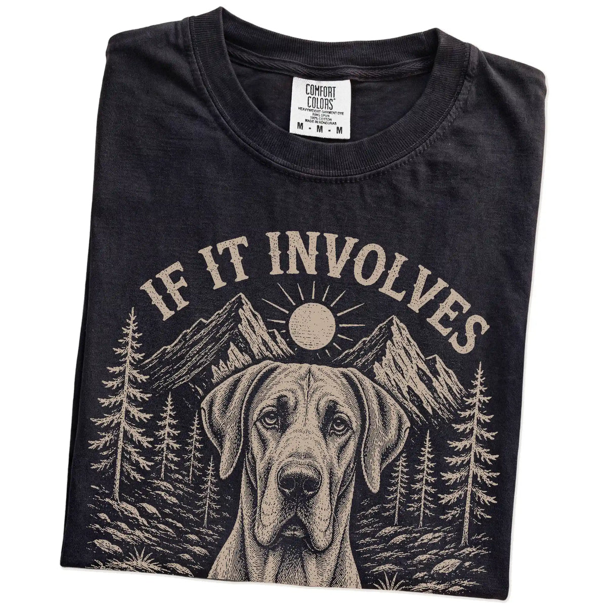 Folded Black Comfort Colors® T-shirt showing Great Dane hiking design with mountain scenery