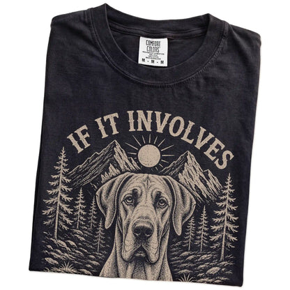 Folded Black Comfort Colors® T-shirt showing Great Dane hiking design with mountain scenery