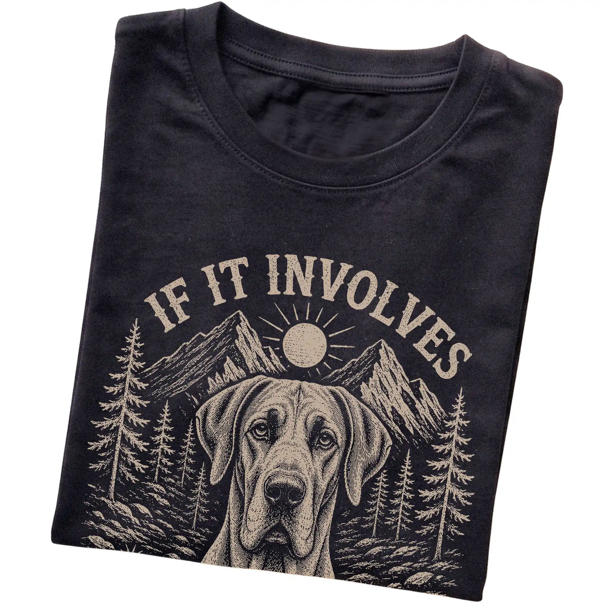 Black Hiking and Great Danes T-shirt folded to show the printed design