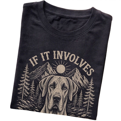 Black Hiking and Great Danes T-shirt folded to show the printed design