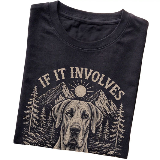 Black Hiking and Great Danes T-shirt folded to show the printed design