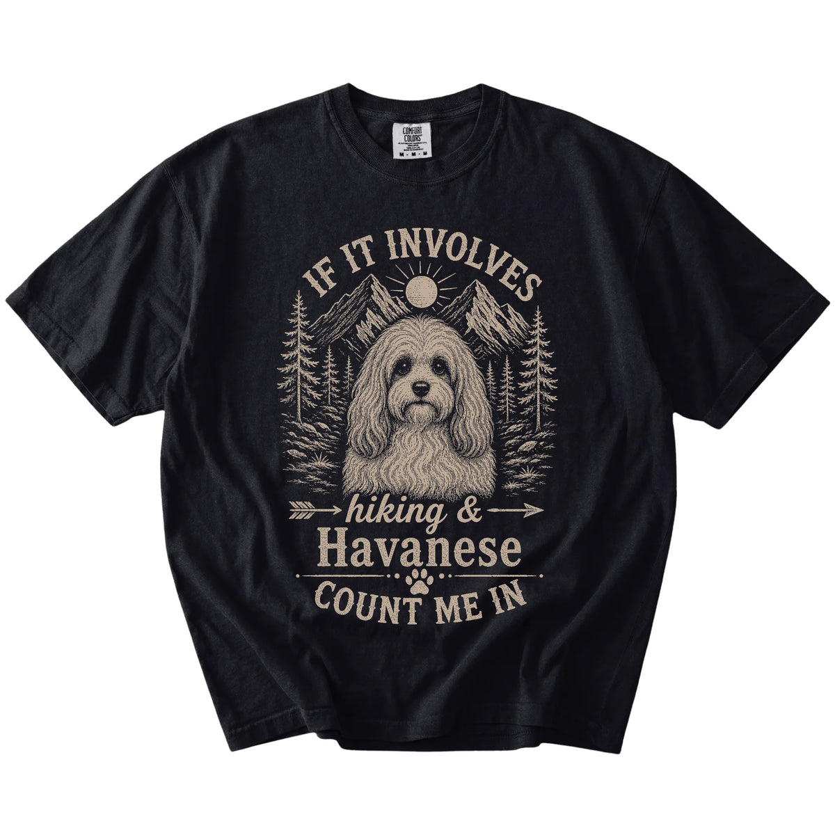 Havanese hiking design with mountain scenery on a Black Comfort Colors® T-shirt