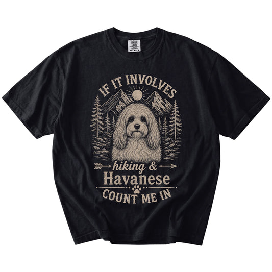 Havanese hiking design with mountain scenery on a Black Comfort Colors® T-shirt
