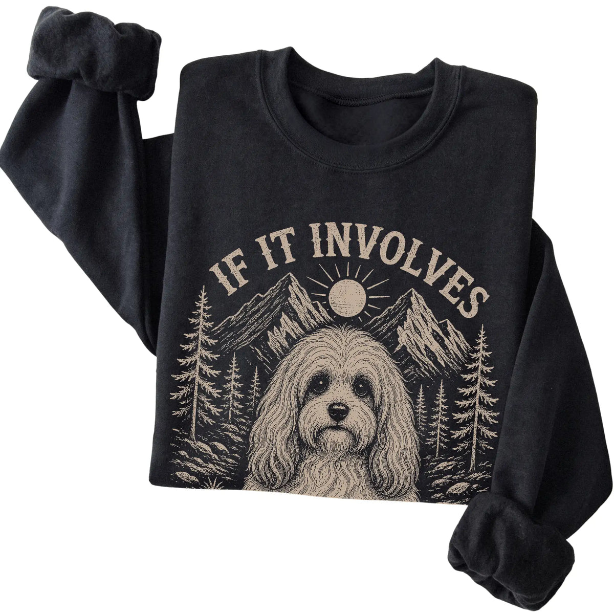 Black Hiking and Havanese sweatshirt folded to show the printed design