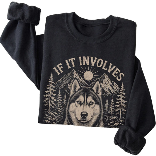 Black Hiking and Huskies T-shirt - corrected sweatshirt folded to show the printed design