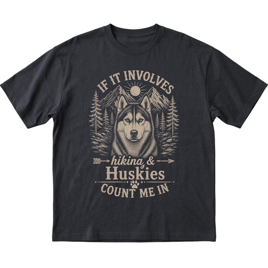 Black Hiking and Huskies T-shirt - corrected T-shirt laid flat