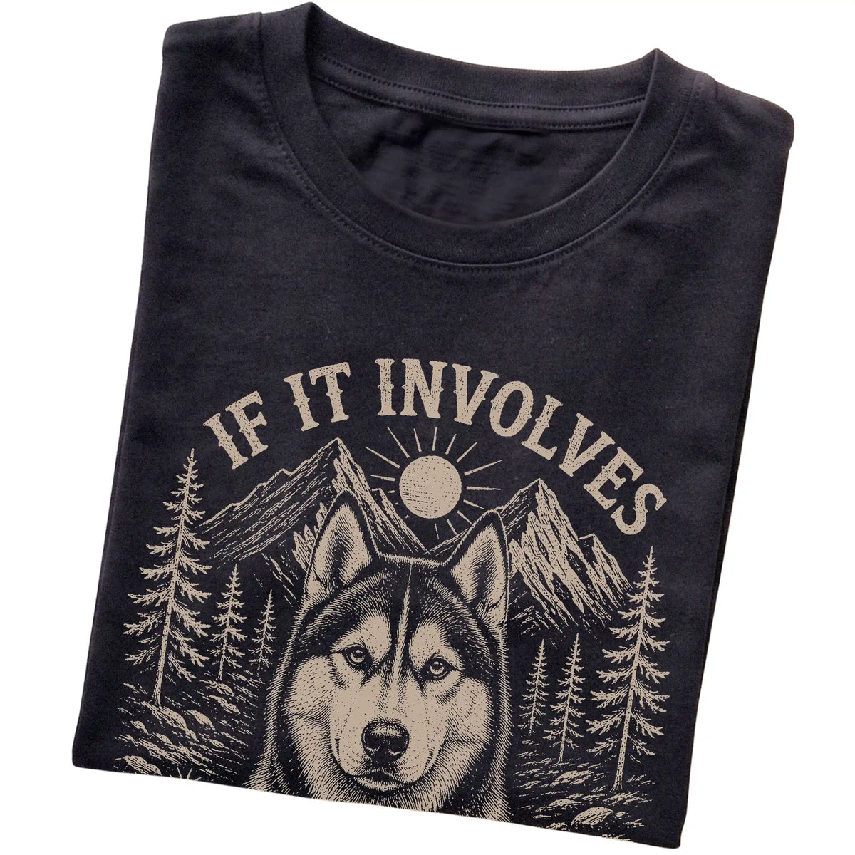 Black Hiking and Huskies T-shirt - corrected T-shirt folded to show the printed design