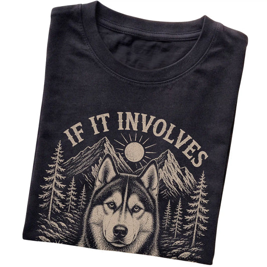 Black Hiking and Huskies T-shirt - corrected T-shirt folded to show the printed design