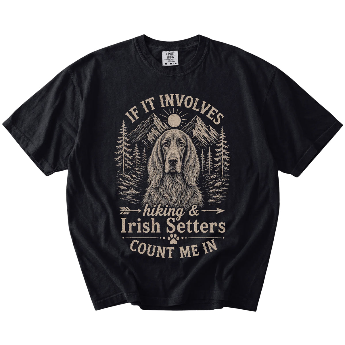 Irish Setter hiking design with mountain scenery on a Black Comfort Colors® T-shirt