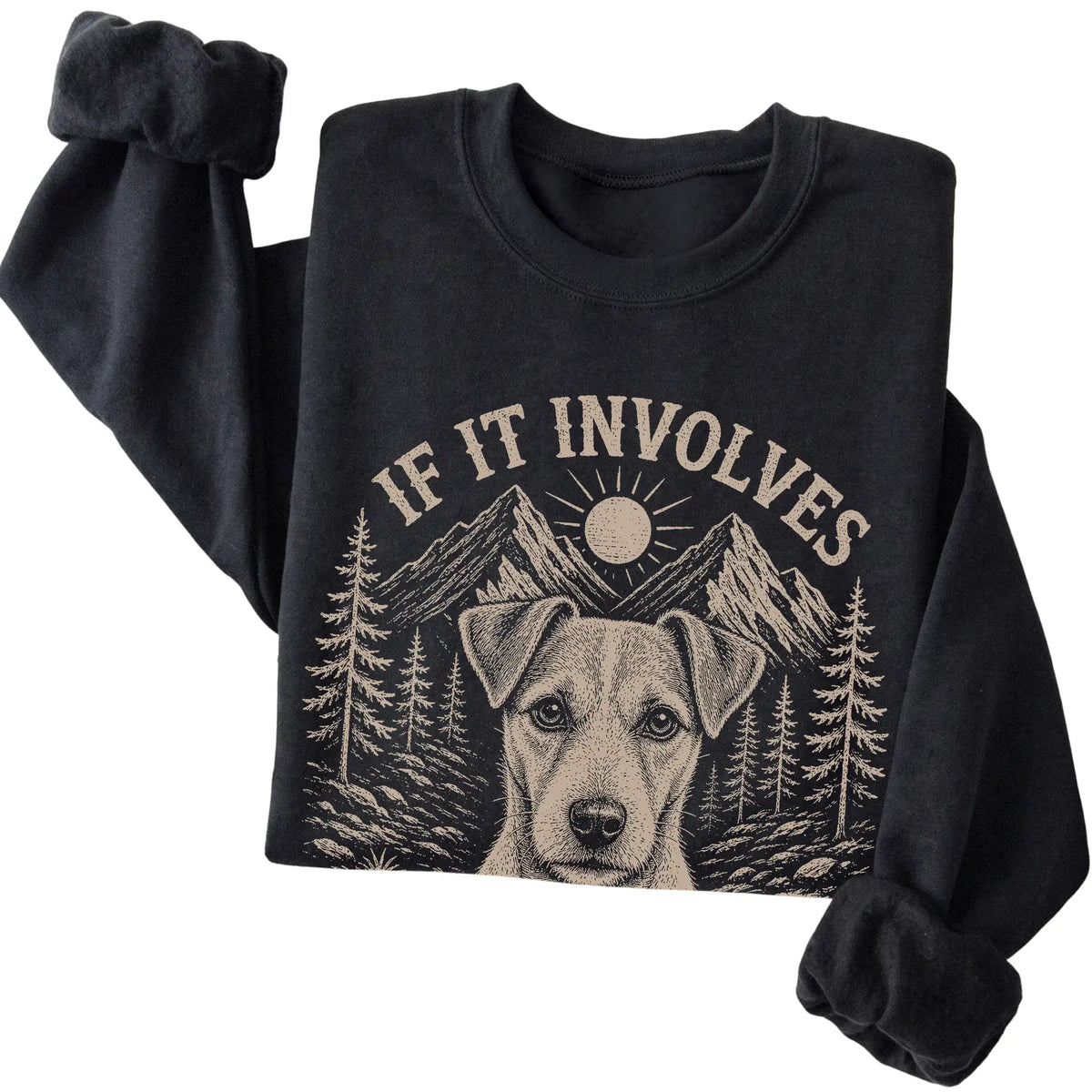 Black Hiking and Jack Russells sweatshirt folded to show the printed design