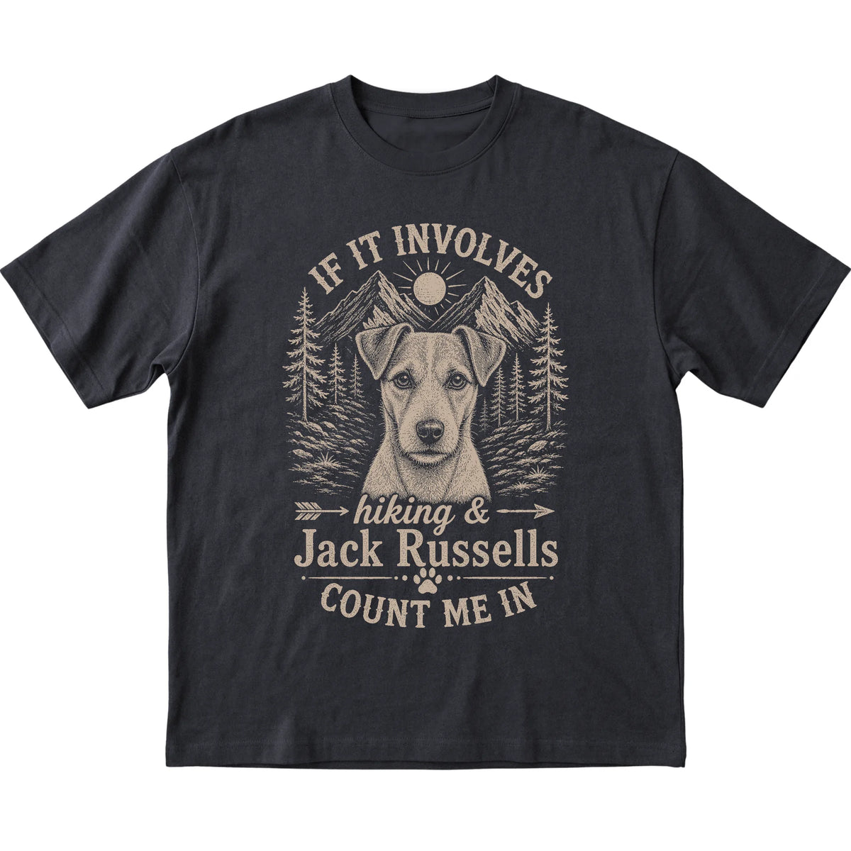 Black Hiking and Jack Russells T-shirt laid flat
