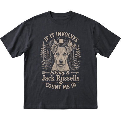 Black Hiking and Jack Russells T-shirt laid flat