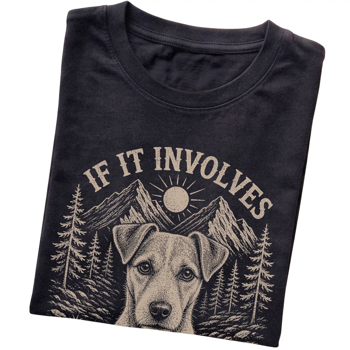 Black Hiking and Jack Russells T-shirt folded to show the printed design