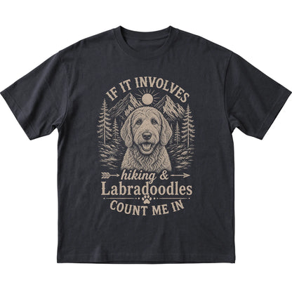 Black Hiking and Labradoodles T-shirt laid flat