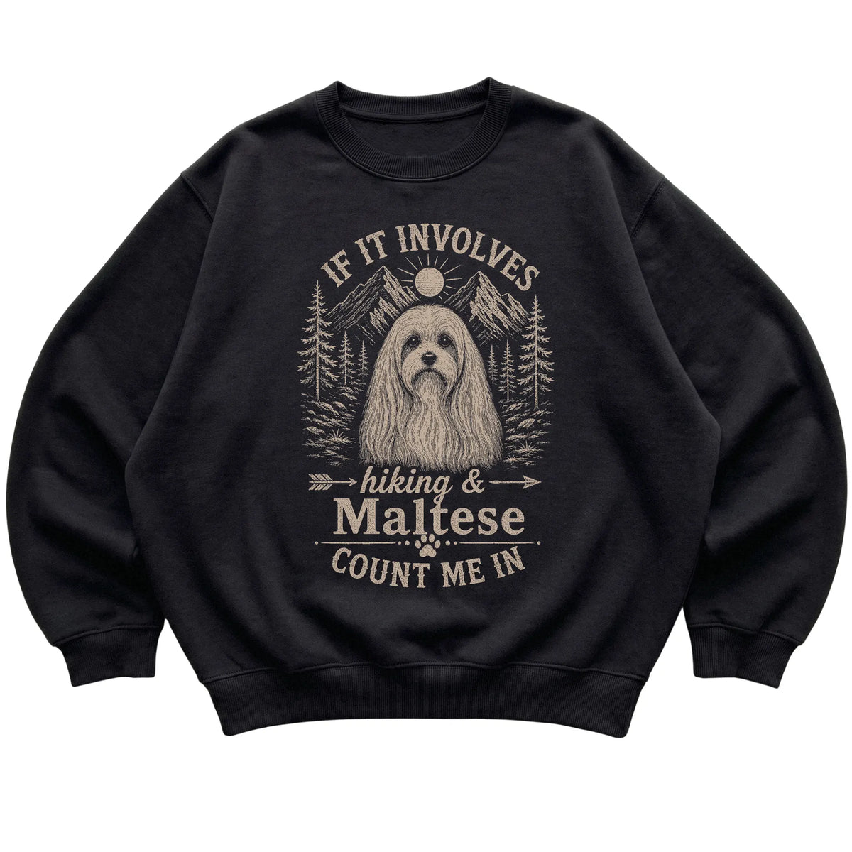 Black Hiking and Maltese sweatshirt laid flat