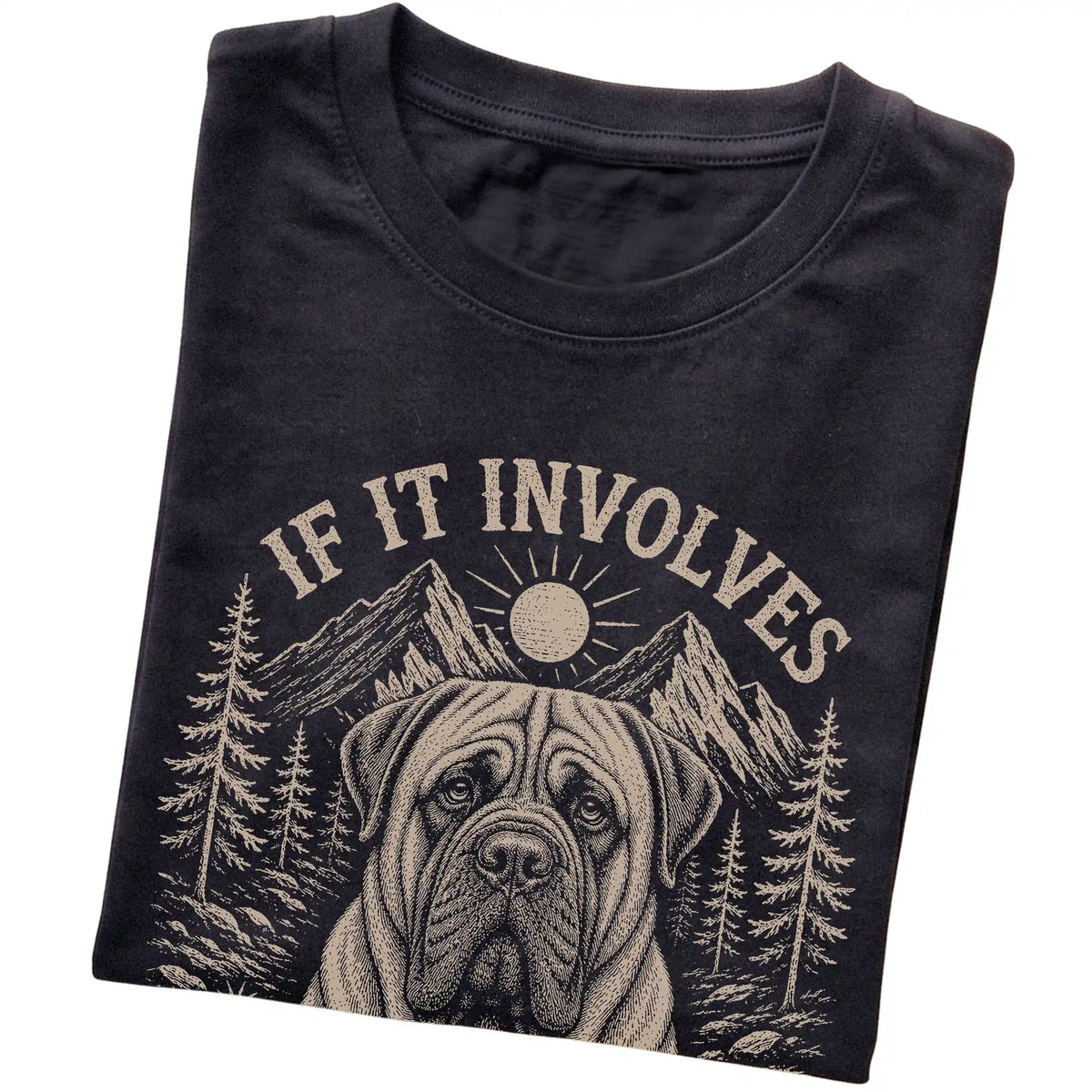 Black Hiking and Mastiffs T-shirt folded to show the printed design
