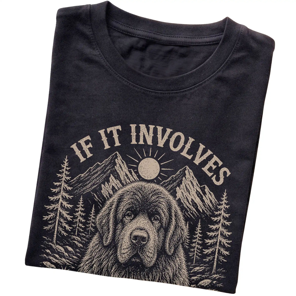 Black Hiking and Newfies T-shirt folded to show the printed design