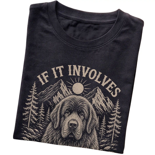 Black Hiking and Newfies T-shirt folded to show the printed design