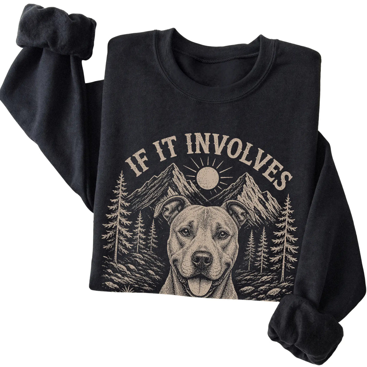 Black Hiking and Pitbulls sweatshirt folded to show the printed design