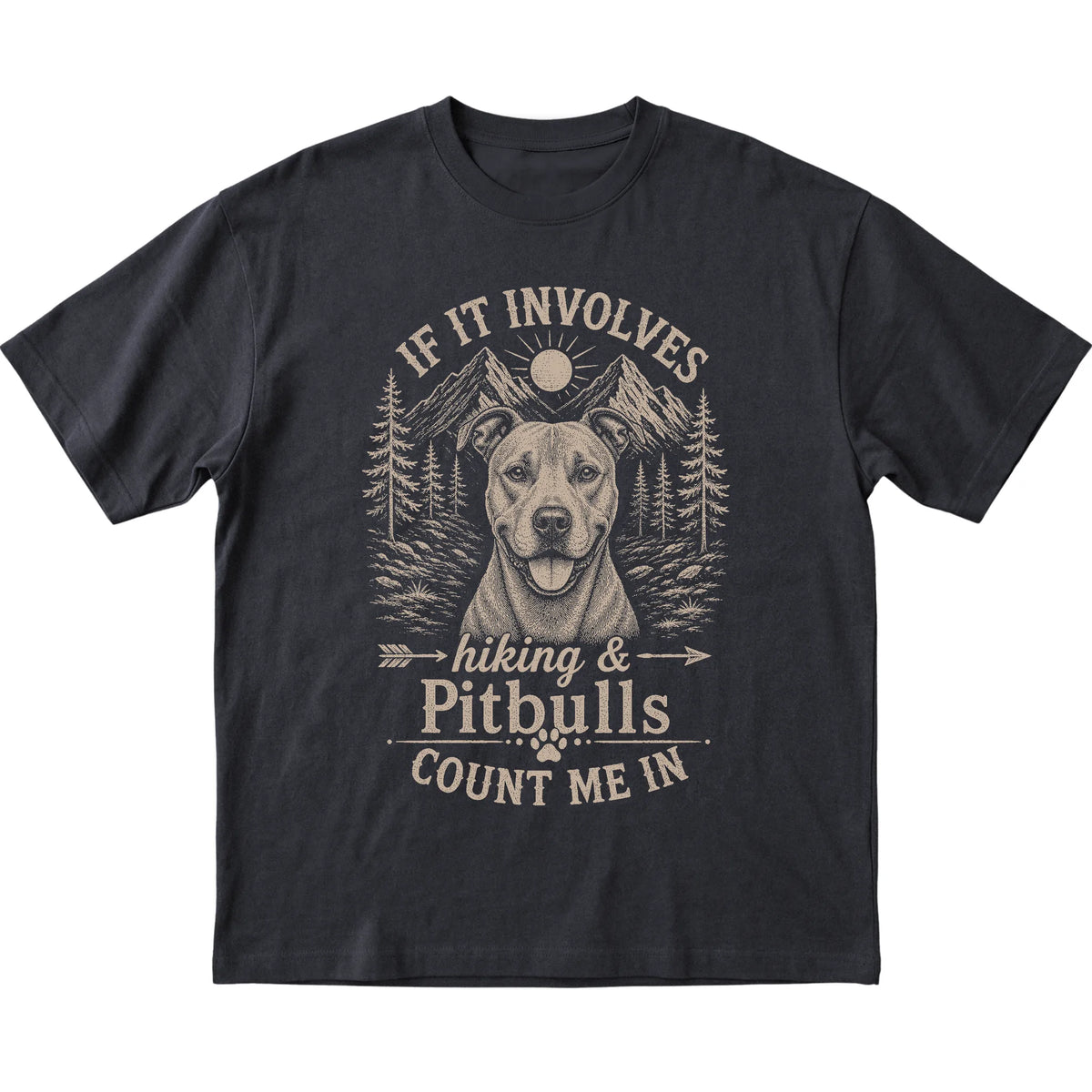 Black Hiking and Pitbulls T-shirt laid flat