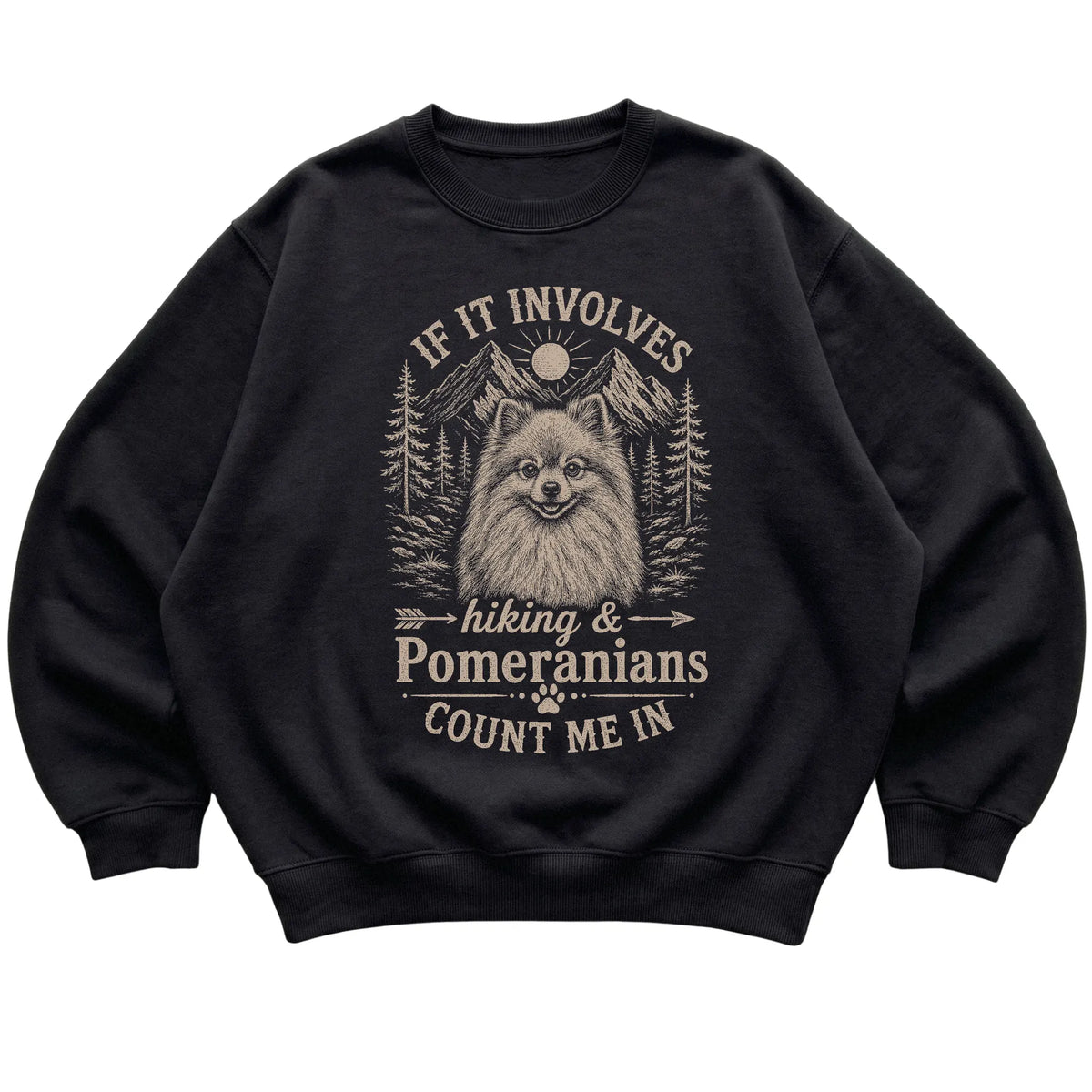 Black Hiking and Pomeranians sweatshirt laid flat