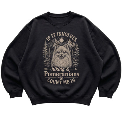 Black Hiking and Pomeranians sweatshirt laid flat